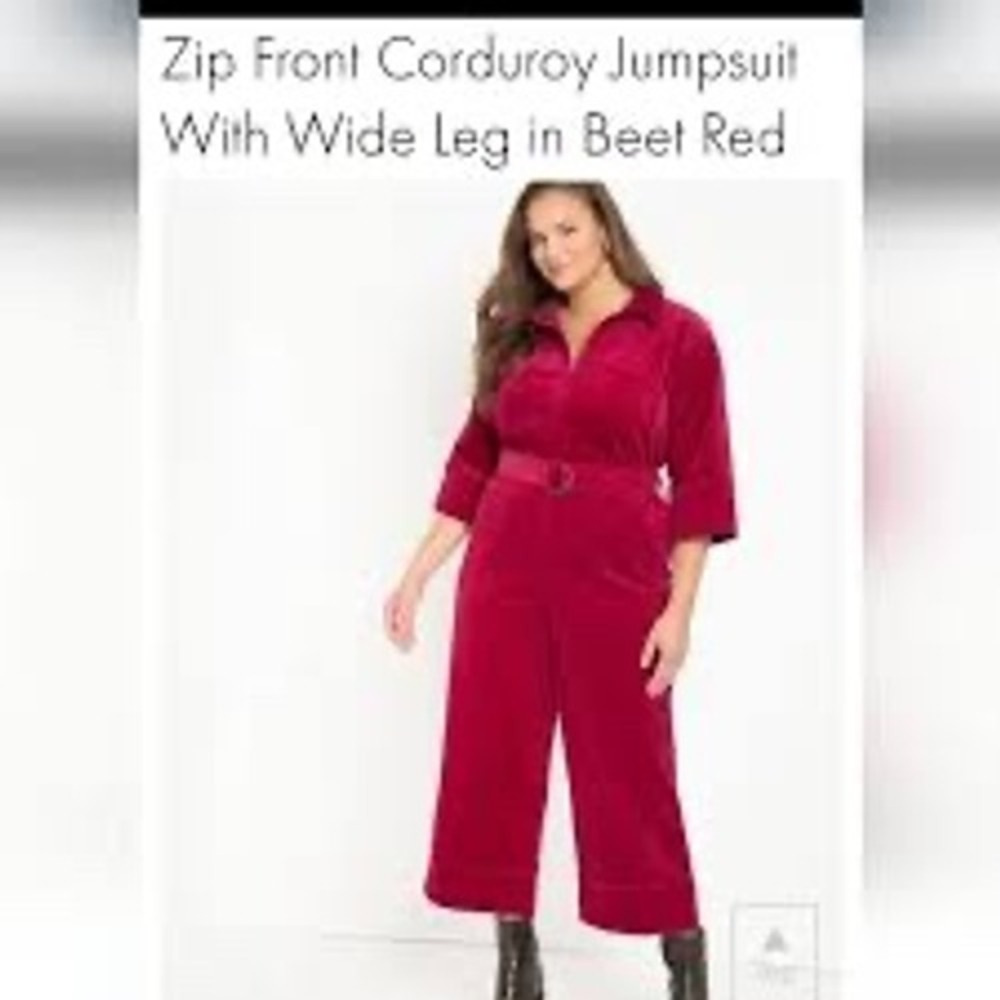 Eloquii Zip Front‎ Corduroy Jumpsuit Wide Leg Beet Red Womens Size 16 Belted New